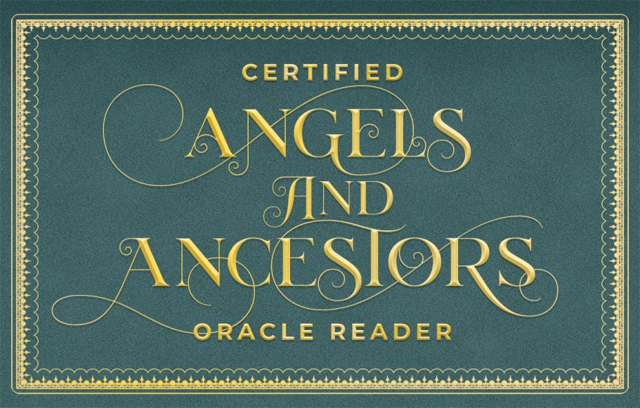 Oracle Card Reader Text design featuring "Certified Angels and Ancestors Oracle Reader" in elegant typography.