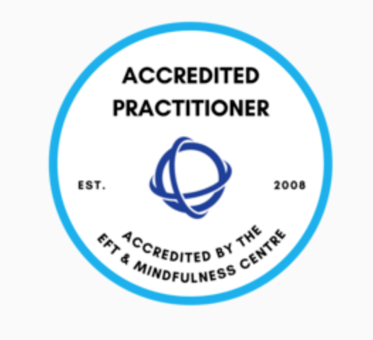 EFT Accredited Practioner Round badge with blue outline, stating "Accredited Practitioner" and "Est. 2008."